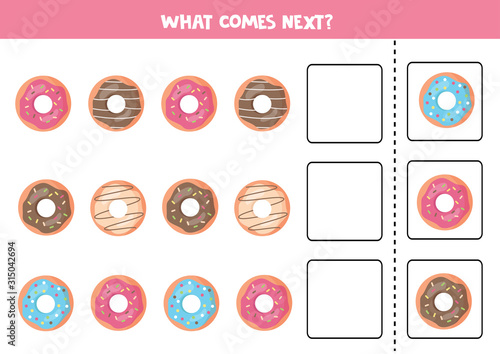 What comes next with donuts. Complete the pattern. Educational game for preschool children.