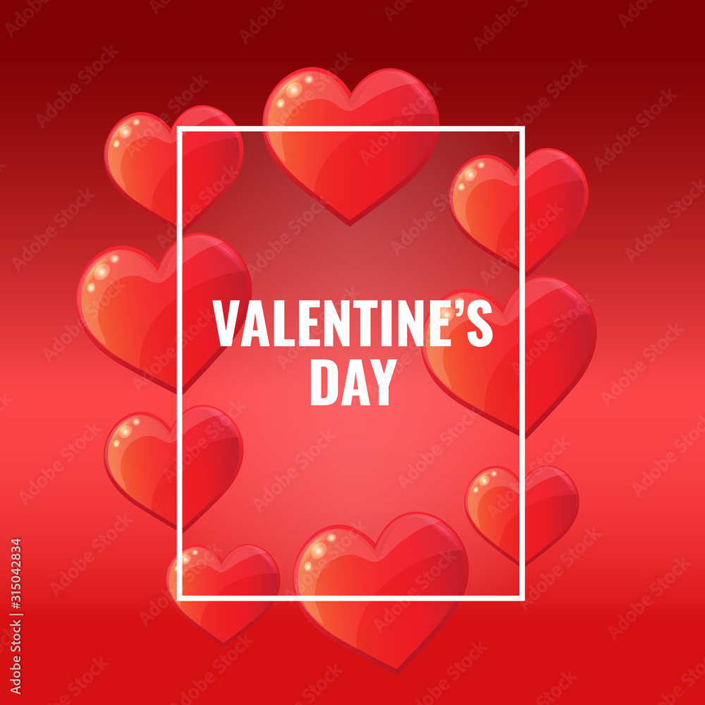 Happy Valentines day card. Lots of red hearts on red gradient background with white border. Love, romantic concept. Vector image for advertising, web banner, printing. Happy Valentines day card. Lots of red hearts on red gradient background with white border. Love, romantic concept. Vector image for advertising, web banner, printing.