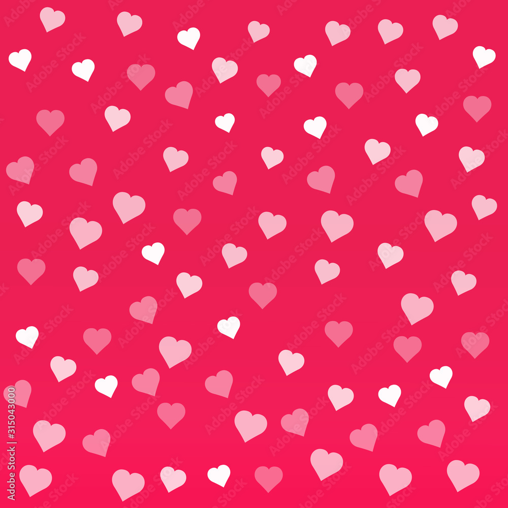 Happy Valentines day card. Lots of pink and white hearts on Red background. Love, romantic concept. Vector image for advertising, web banner, printing