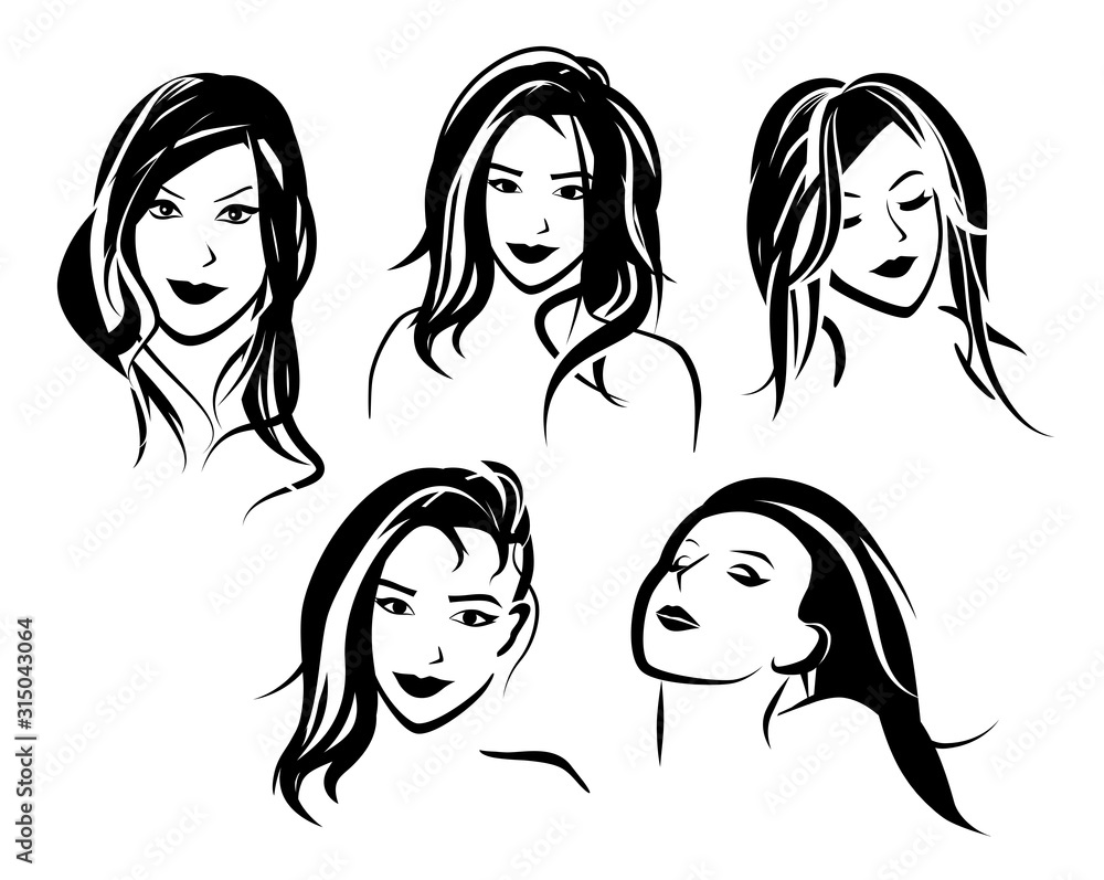 Girl Faces set in Sketch style. Vector Glamour illustration for Cosmetic Beauty Salon or Barbershop. Beautiful Women portraits in black and white colors. Girl Faces set in Sketch style. Vector Glamour illustration for Cosmetic Beauty Salon or Barbershop. Beautiful Women portraits in black and white colors.