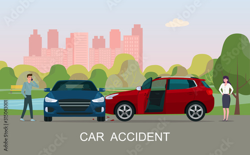 Fototapeta Naklejka Na Ścianę i Meble -  Car accident with drivers man and woman. Vector illustration.