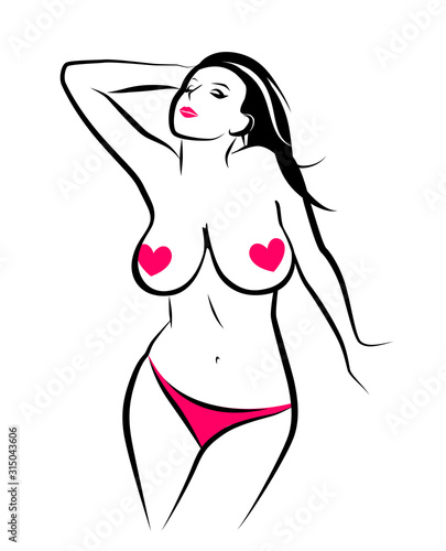 Sexy Nude Girl with big Boobs. Beautiful Lady illustration in Sketch style with bare Breast for Sex Shop or Intimate Websites for Adult.