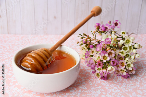 manuka honey and blooming manuka flower tree on a pink background