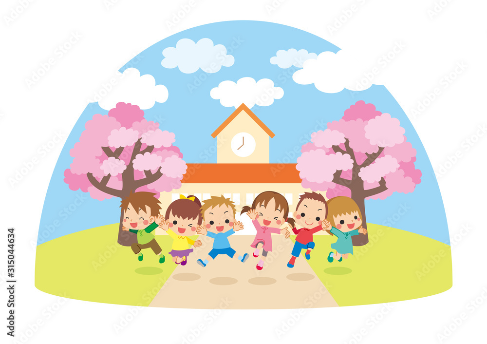 桜舞う春の日に幼稚園の前でジャンプする元気な子供たち【ドーム型】