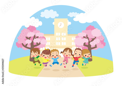 桜舞う春の日に小学校の前でジャンプする元気な子供たち【ドーム型】