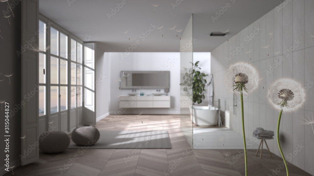 Fluffy airy dandelion with blowing seeds spores over modern bathroom with walk in shower and freestanding bathtub. Interior design idea. Change, growth, movement and freedom concept