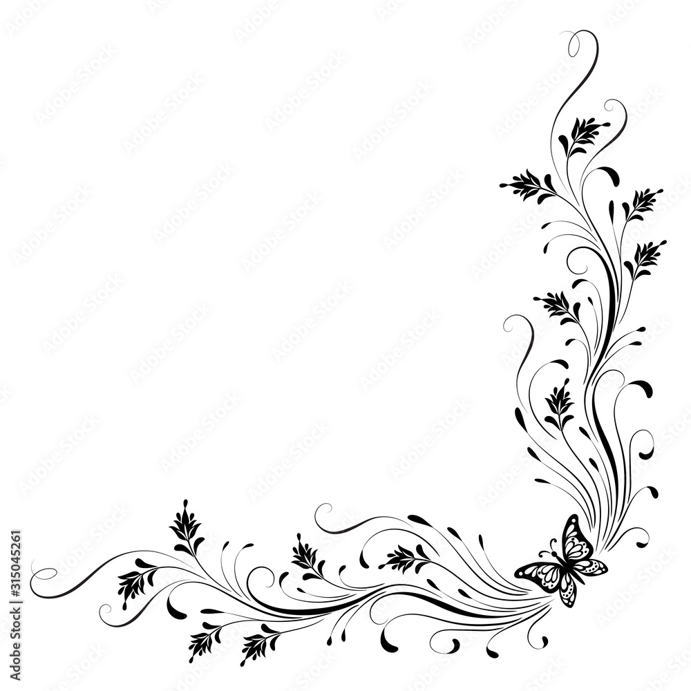 Fototapeta premium Decorative floral corner ornament with butterfly for stencil isolated on white background