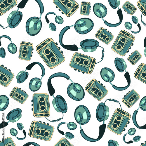 Musical mp3 player and headphones vector seamless pattern on white background. Cartoon texture in retro style.