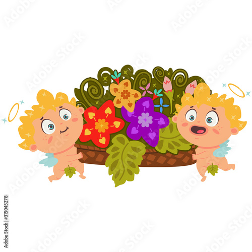 Fototapeta Naklejka Na Ścianę i Meble -  Couple of cupids holds in hands basket of flowers. Valentine's Day symbol. Cartoon vector illustration isolated on a white background.