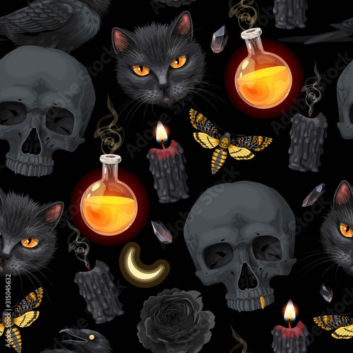 Seamless pattern with raven and human skull