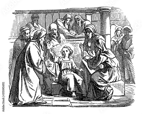 Vintage drawing or engraving of biblical story of the boy Jesus talking with teachers in temple in Jerusalem.Bible, New Testament, Luke 2. Biblische Geschichte , Germany 1859.