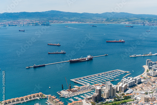 top view of the strait, ships and coastal strip