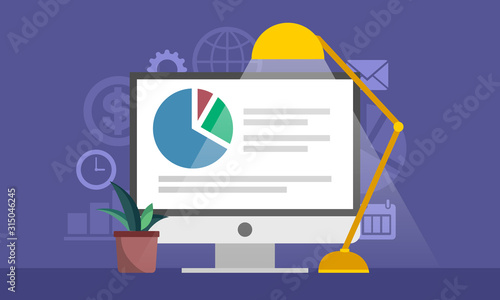 Office workplace with turned on computer, lamp and houseplant. Work late at night. Flat style vector illustration.