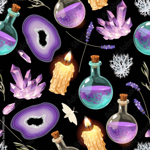 Magic seamless pattern with glass flask and candle