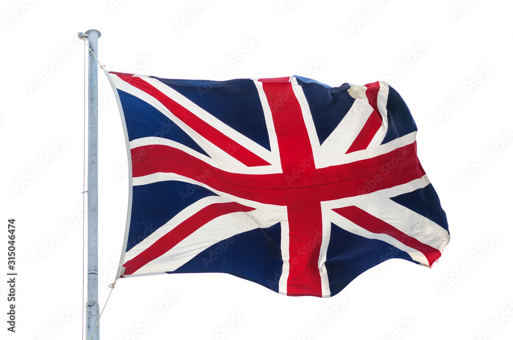 Waving british union jack flag on pole isolated Stock Photo | Adobe Stock