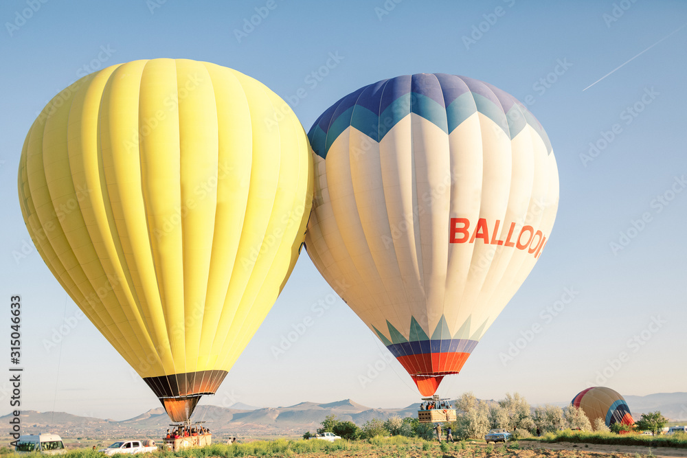 Obraz premium Colorful hot air balloons flying over the valley in Cappadocia, Turkey