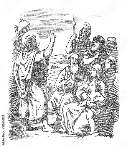 Vintage drawing or engraving of biblical story of John the Baptist baptizing people in the Jordan River.Bible, New Testament,Matthew 3. Biblische Geschichte , Germany 1859.