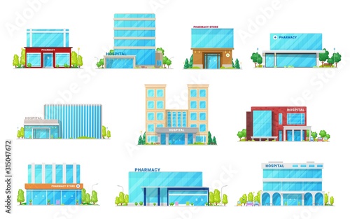 Hospital and pharmacy store, medical and healthcare building vector icons. Exteriors of health clinic, ambulance center, ambulatory and pharmacy with glass entrance doors and glossy facades
