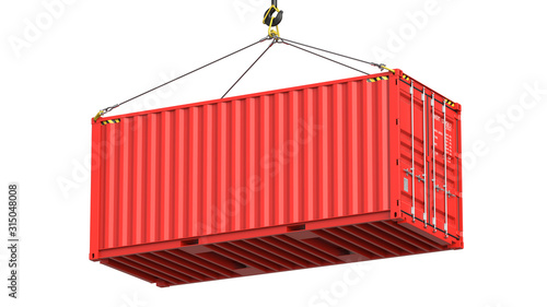 Red twenty feet cargo container hanging on a crane hook Isolated on white background. 3d rendering Illustration of a shipping contaner as a concept of import and export or moving 