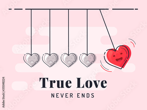 True Love never ends. Newton's cradle with glowing heart. Trendy flat vector heart icons with concept of love on red background.
