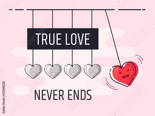 True Love never ends. Newton's cradle with glowing heart. Trendy flat vector heart icons with concept of love on red background.