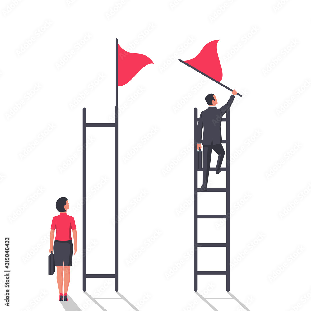 Businessman vs businesswoman on the career ladder. Unequal starting position concept of gender equality. Opportunities for employees. Vector illustration flat design. Isolated on white background. Businessman vs businesswoman on the career ladder. Unequal starting position concept of gender equality. Opportunities for employees. Vector illustration flat design. Isolated on white background.