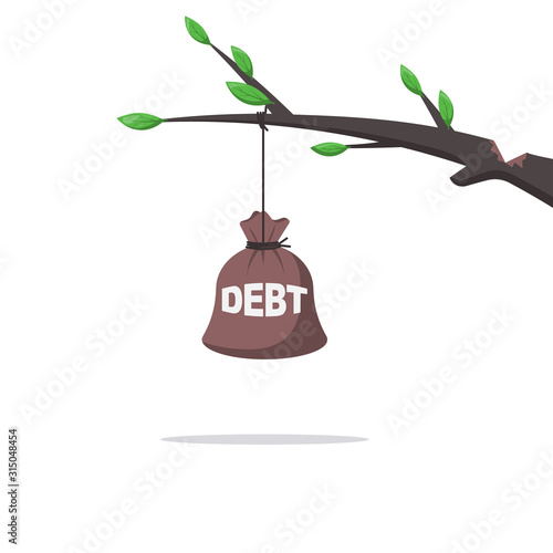 Debt conceptual. Big bag with a debt breaks a green tree. Vector illustration flat design. Isolated on white background. Lack of financial freedom. Bad credit destroys everything.