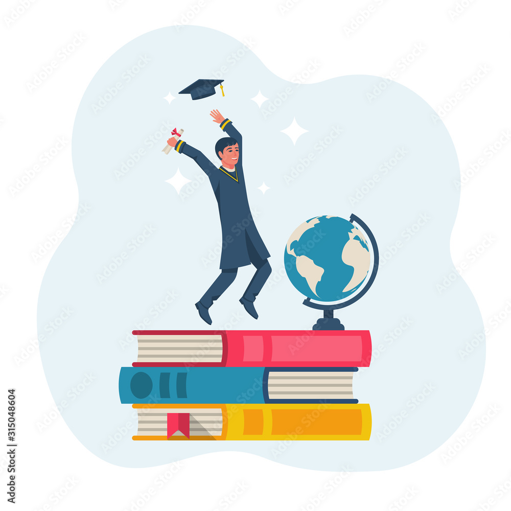 Graduation concept. Happy graduate guy throws up a graduate hat. Standing on top of education as a graduation symbol. Vector illustration flat design. Isolated on white background. Graduation concept. Happy graduate guy throws up a graduate hat. Standing on top of education as a graduation symbol. Vector illustration flat design. Isolated on white background.