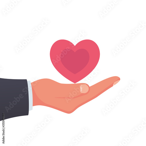 Heart in hands. Vector illustration flat design. Isolated on white background. Concept of Healthcare. Symbol of fidelity devotion.