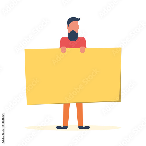 Young man holds an blank banner. Empty banner for promotion and advertising of products. Vector illustration flat design. Isolated on white background.