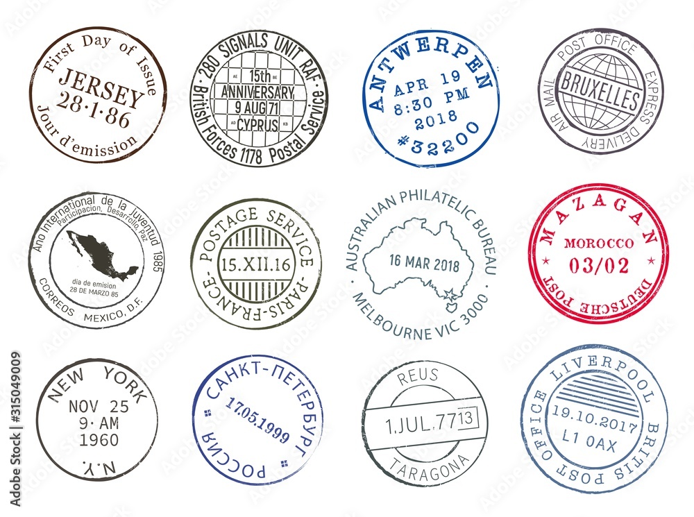 Post mail delivery stamp contours with city and dates, vector icons. Airmail postage and post office delivery stamps of New York, Paris or Mexico and Antwerp, Melbourne, Brussels and Russia Post mail delivery stamp contours with city and dates, vector icons. Airmail postage and post office delivery stamps of New York, Paris or Mexico and Antwerp, Melbourne, Brussels and Russia
