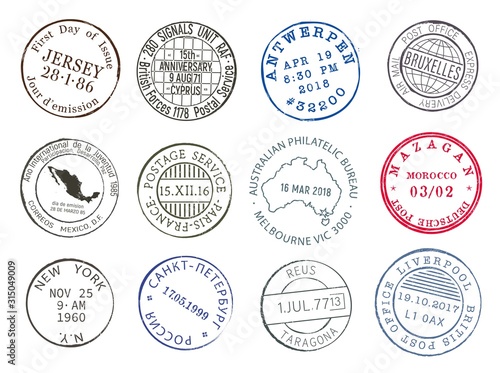 Post mail delivery stamp contours with city and dates, vector icons. Airmail postage and post office delivery stamps of New York, Paris or Mexico and Antwerp, Melbourne, Brussels and Russia