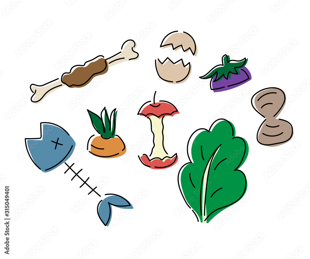 生ゴミ 魚の骨 リンゴの芯 卵の殻 のイラスト Stock Illustration Adobe Stock