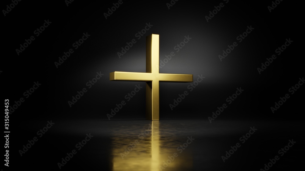 gold metal plus symbol 3D rendering with blurry reflection on floor with dark background