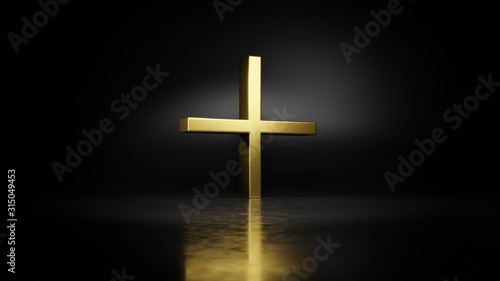 gold metal plus symbol 3D rendering with blurry reflection on floor with dark background