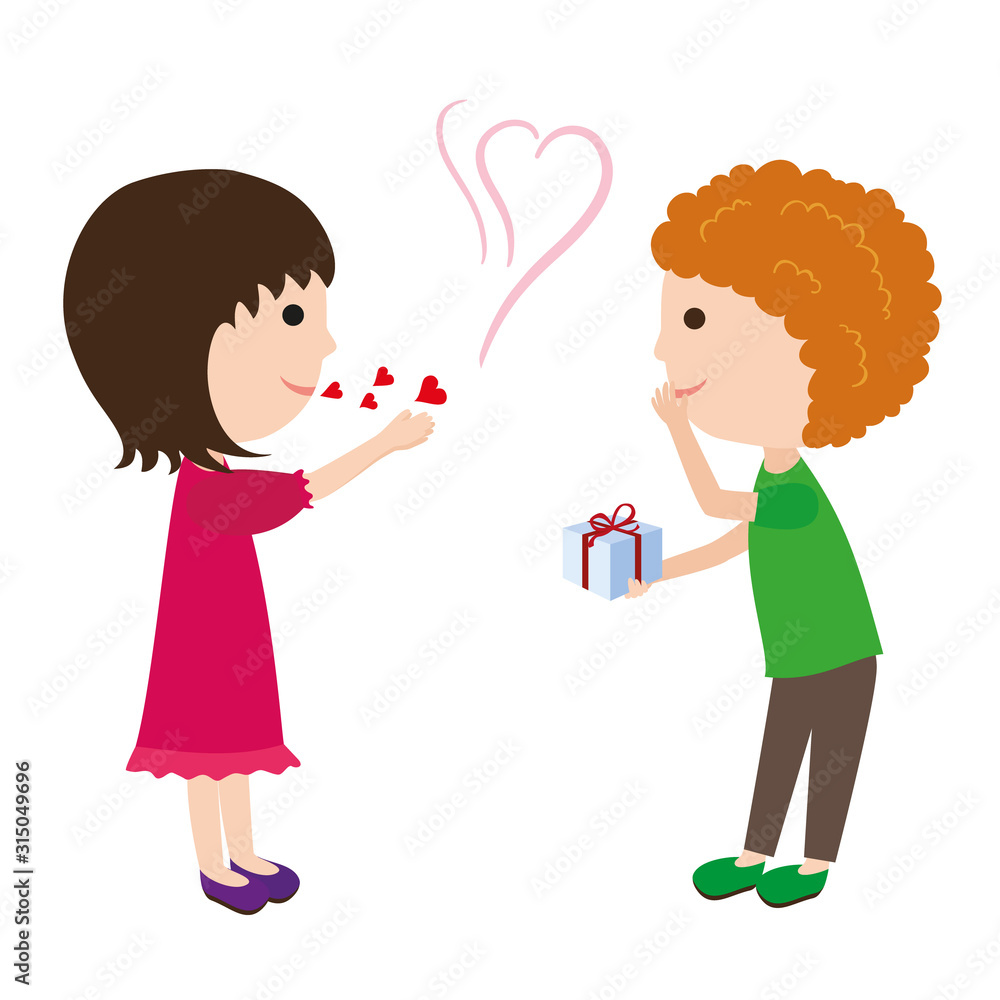 Boy gives girl holiday gift. Valentine's Day gift. Vector illustration. Boy gives girl holiday gift. Valentine's Day gift. Vector illustration.