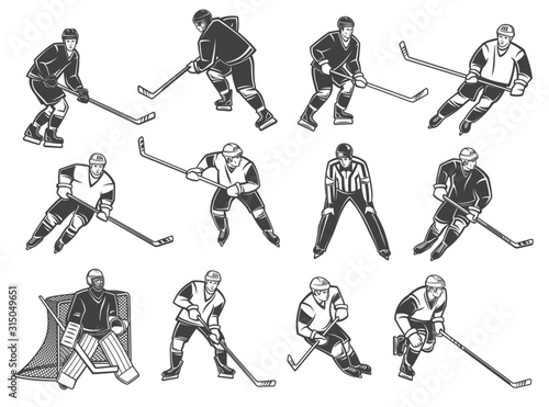 Ice hockey players, vector characters. Ice hockey referee and goalkeeper, forward, winger and defender with puck and stick in motion
