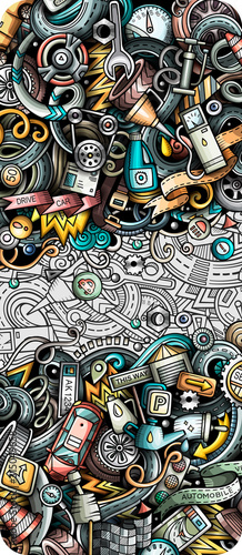 Auto hand drawn doodle banner. Cartoon detailed flyer.