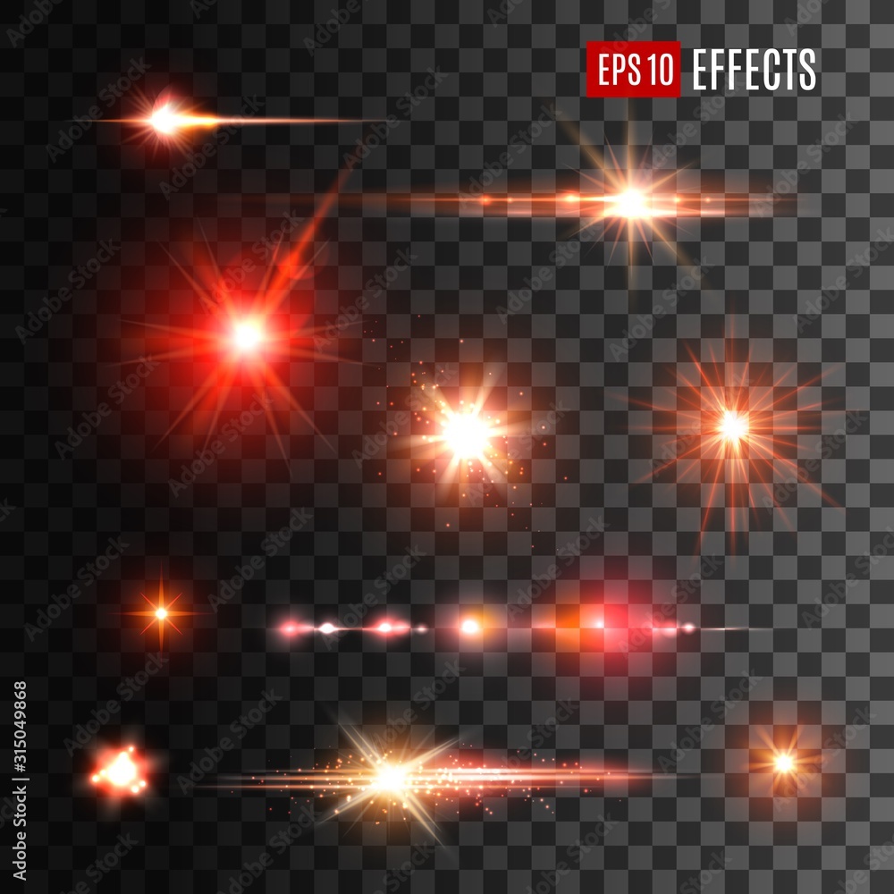 Shine light effects, vector red sparkles and glow with lens flares on transparent background. Shiny star burst and sun beams or rays with sparkles, glare flashes and glowing stripes