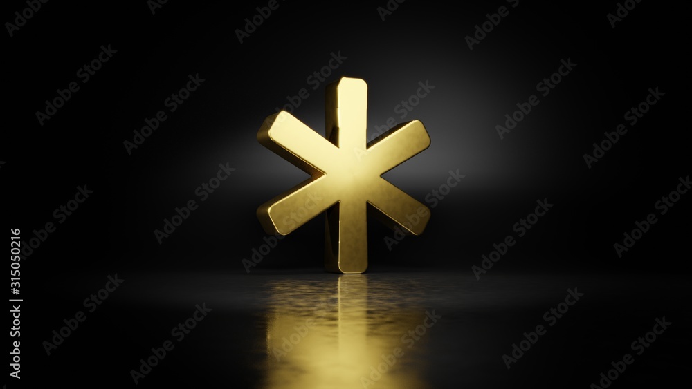 gold metal symbol of asterisk 3D rendering with blurry reflection on floor with dark background gold metal symbol of asterisk 3D rendering with blurry reflection on floor with dark background