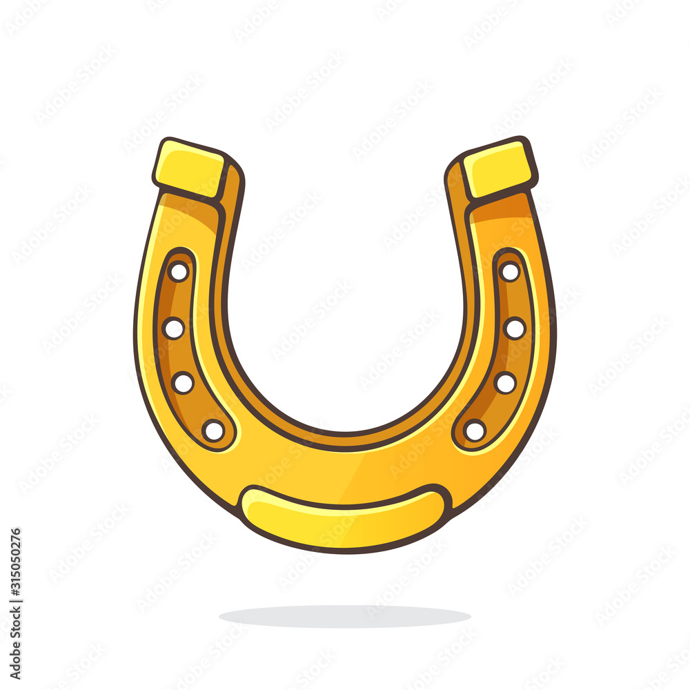 Vector illustration. Golden horseshoe for good luck. Symbol of fortune and happiness. Graphic design with contour. Clip-art print for signboard, showcase, greeting card. Isolated on white background Vector illustration. Golden horseshoe for good luck. Symbol of fortune and happiness. Graphic design with contour. Clip-art print for signboard, showcase, greeting card. Isolated on white background