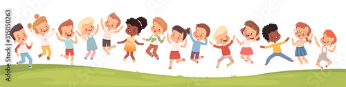 Many children jump, laugh and have fun on the grass. Horizontal banner