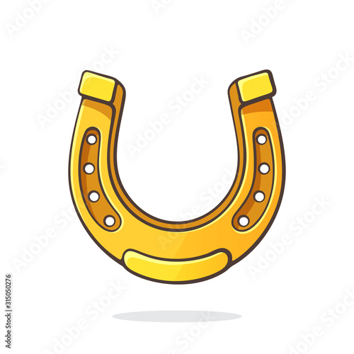 Vector illustration. Golden horseshoe for good luck. Symbol of fortune and happiness. Graphic design with contour. Clip-art print for signboard, showcase, greeting card. Isolated on white background