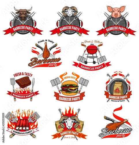 Barbecue party and picnic meat vector icons. BBQ grill and charcoal fire flame, knife and fork for cheeseburger, beefsteak and kebab skewers, cow, pork pig and mutton ribs and sheep head symbols