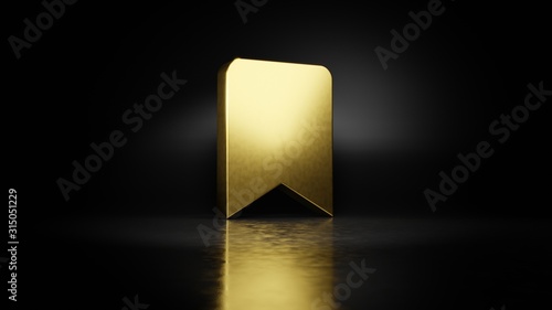 gold metal symbol of bookmark 3D rendering with blurry reflection on floor with dark background