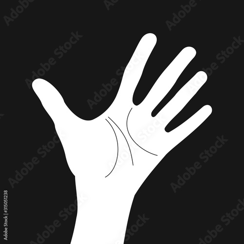 Hand and palm with lines - palmisty, chiromancy and palm reading - foretelling and prediction of faith and destiny based on palmar features . Vector illustration isolated on black.
