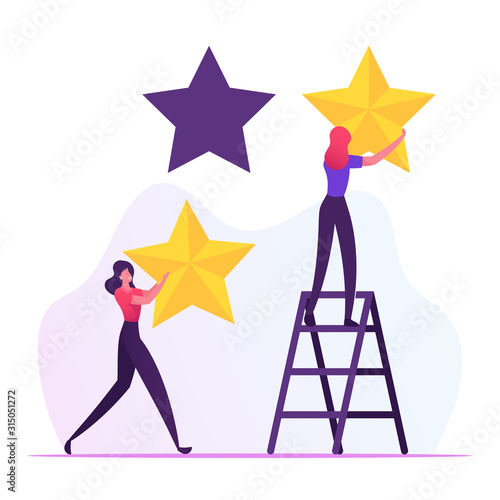 Rating, Quality and Business Ranking Concept. Woman Standing on Ladder Put Golden Stars into Holes. Client Review, Customer Service Feedback or Satisfaction Level Cartoon Flat Vector Illustration