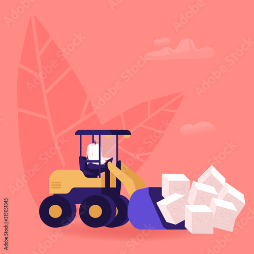 Man Loading Huge Cubes of White Sugar with Excavator Removing Unhealthy Product from Nutrition. People Conducting Healthy Lifestyle, Care of Body Health Use Sweeteners Cartoon Flat Vector Illustration