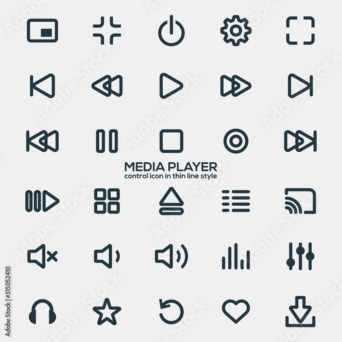 Media player icons in thin line style