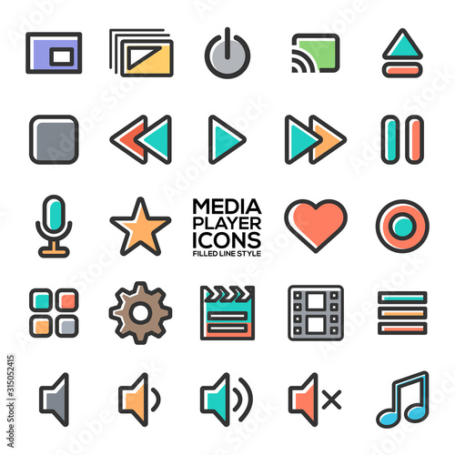 Media player icons in filled line style